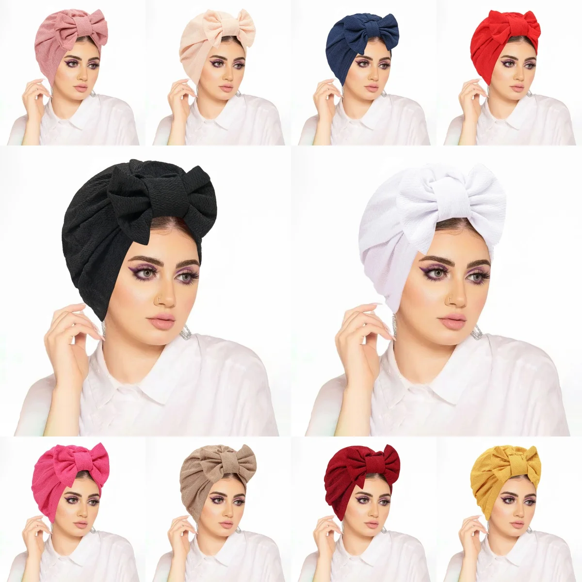 

New Muslim Hijabs Solid Color Women Big Bowknot Turban Hat Headscarf Headwear Cap Head Wrap Chemo Beanies Hair Accessories