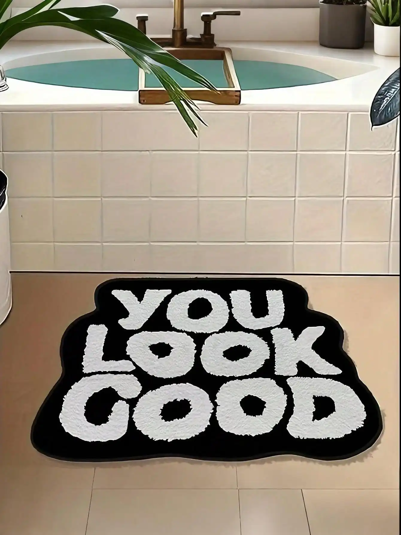 

Asymmetrical Plush Rug with Bold Text Design, Machine Washable, for Bathroom Living Room