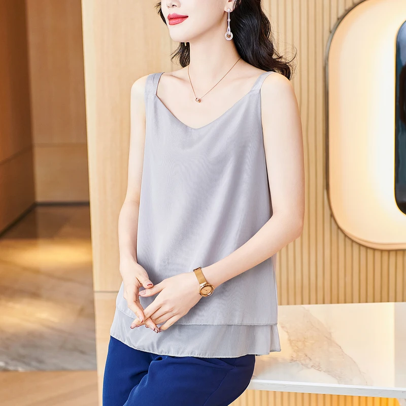 2025 Summer New Blouse V-Neck Sleeveless Spliced Womens Tops Fashion Slim Fit Women's Clothing OL Solid Women's Tank Top Blouses