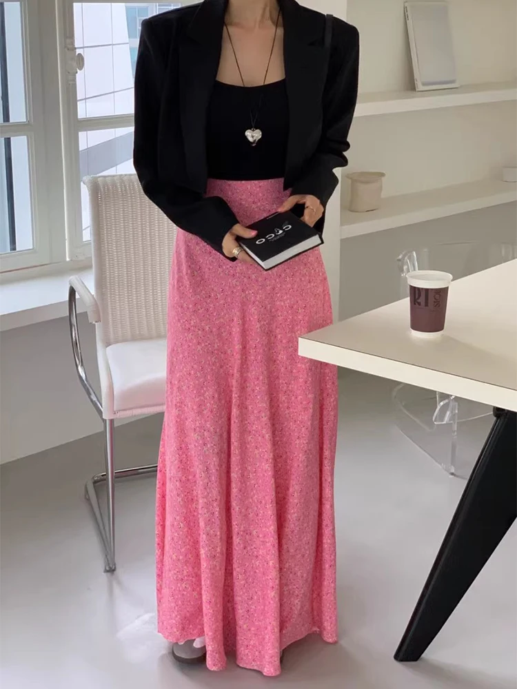 Saia Longa Floral E de Cintura Alta em A para Mulheres, Novo Estilo Primavera, Chic e Versátil, Saia Drapeada para o D...