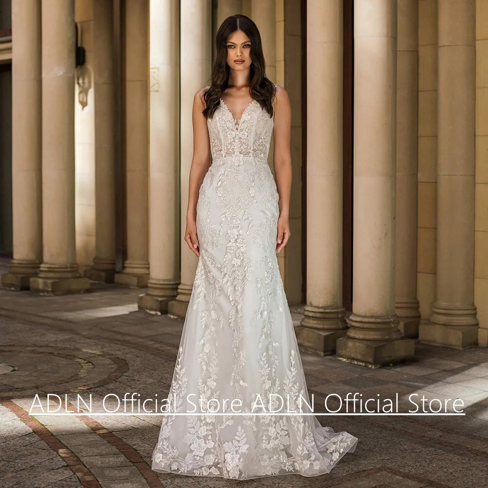 الدانتيل حورية البحر فستان الزفاف انفصال تول قطار مخصص مثير بلا أكمام الخامس الرقبة مطرزة زين ثوب الزفاف للعروس