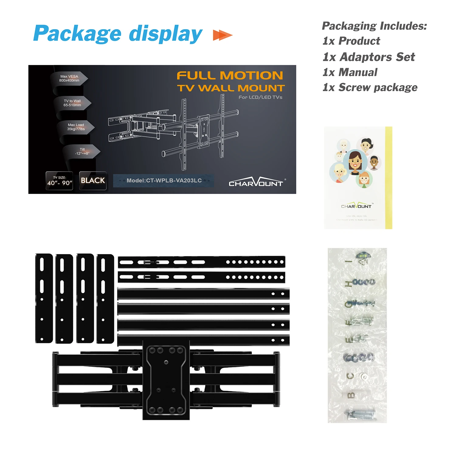 Charmount Wholesale Heavy Duty Max Up and Down Tilt  Full Motion Tv Wall Mount