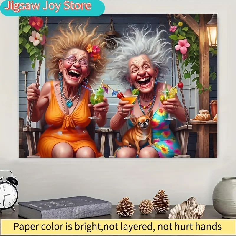 

Пазл на 1000 элементов - Весёлые сёстры на яркой веранде с тропическими напитками и чихуахуа, портативный прямоугольный арт-декор