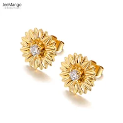 JeeMango Stainless Steel Cubic Zirconia Sun Flower Earrings Trendy 18K Gold Plated Waterproof Jewelry For Women серьги E24175