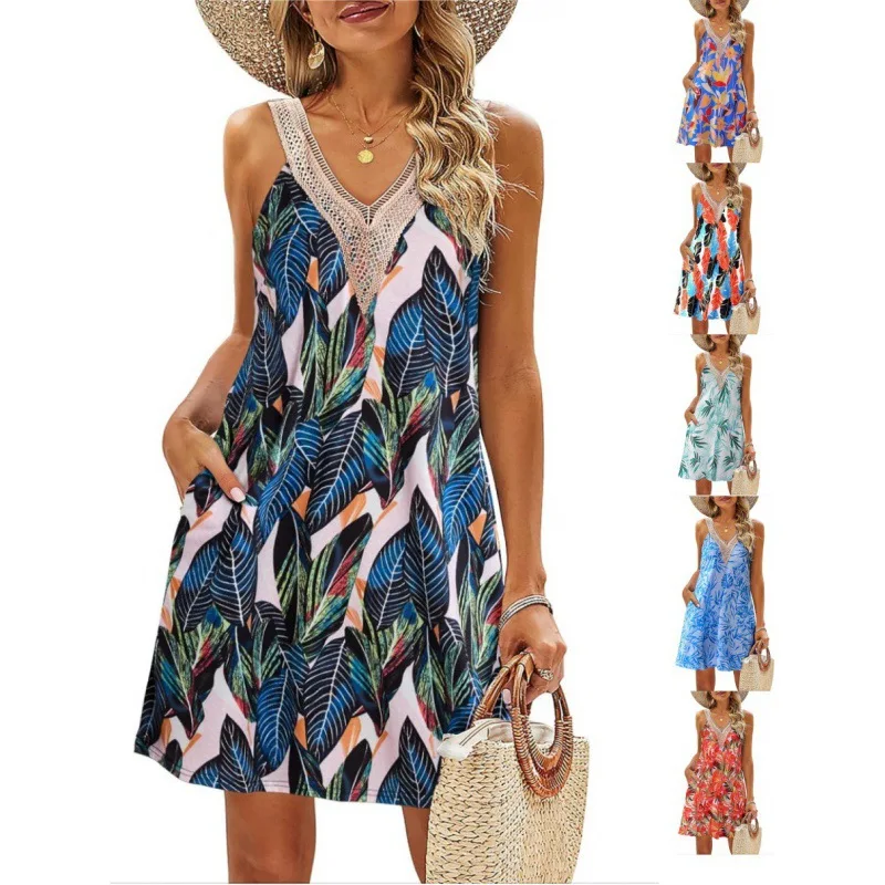 Summer Print Vest Dresses Women Lace Patchwork V-neck Casual Beach Vacation Mini Dress Fashion Lady Commuting Clothing Vestidos