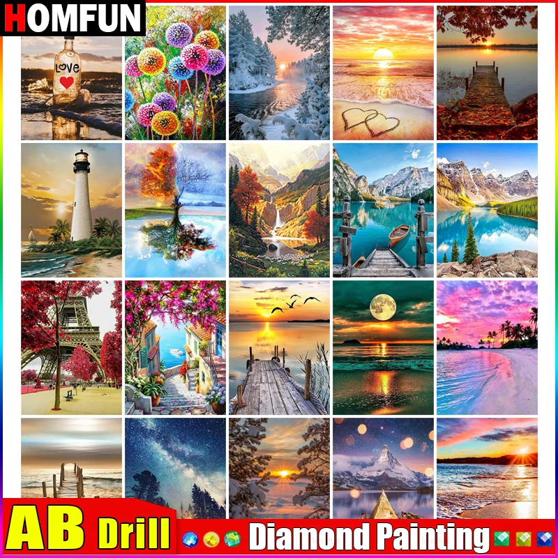 HOMFUN AB Square/Round Drill 5D DIY Diamond Painting "Scenery Sunset Tree Lake" Embroidery Cross Stitch Full Rhinestone Decor