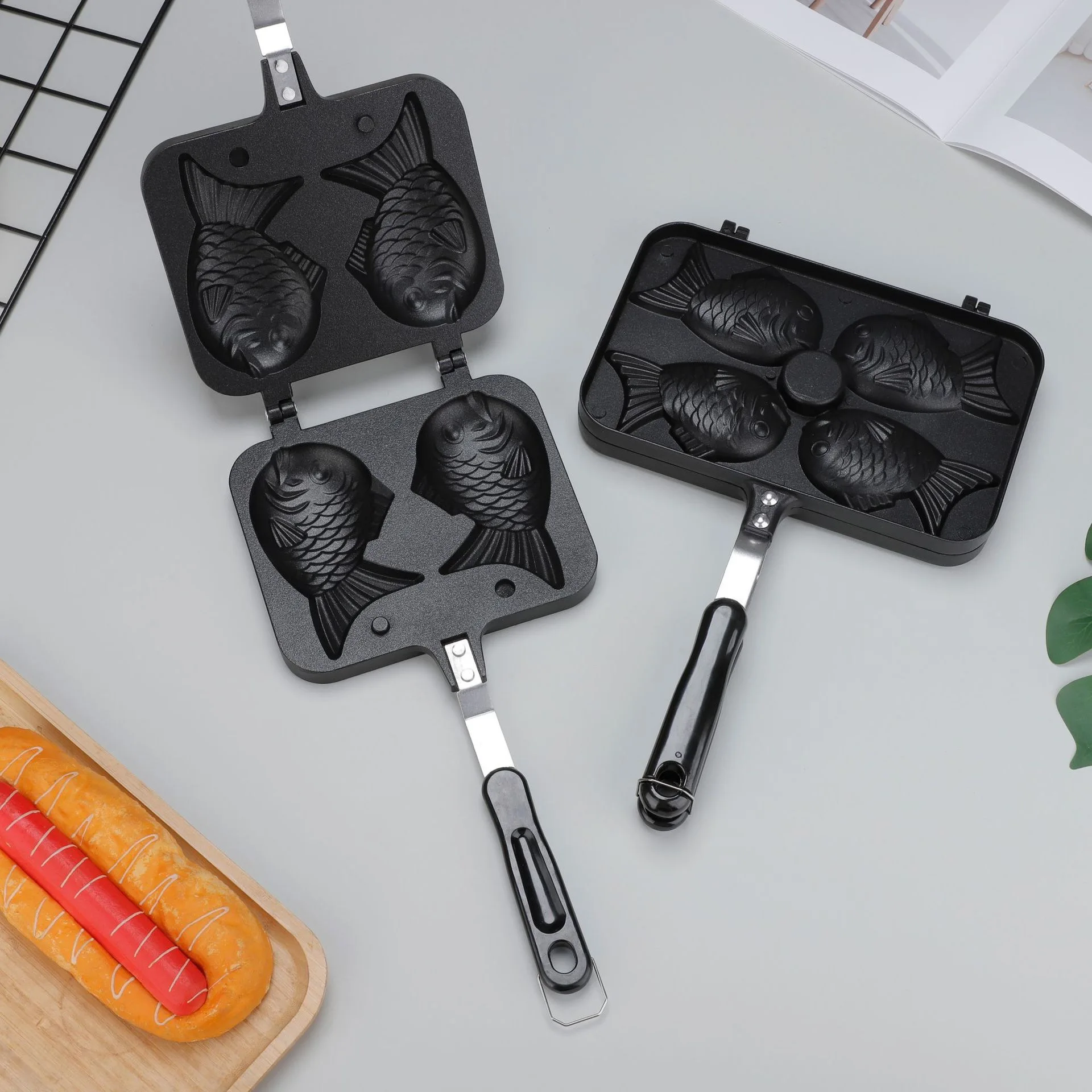 

Japanese Taiyaki Waffle Maker Double Fish Shaped Dessert Cake Pan Kitchen Pancake Fry Pan Waffle Molds for Hot Desserts