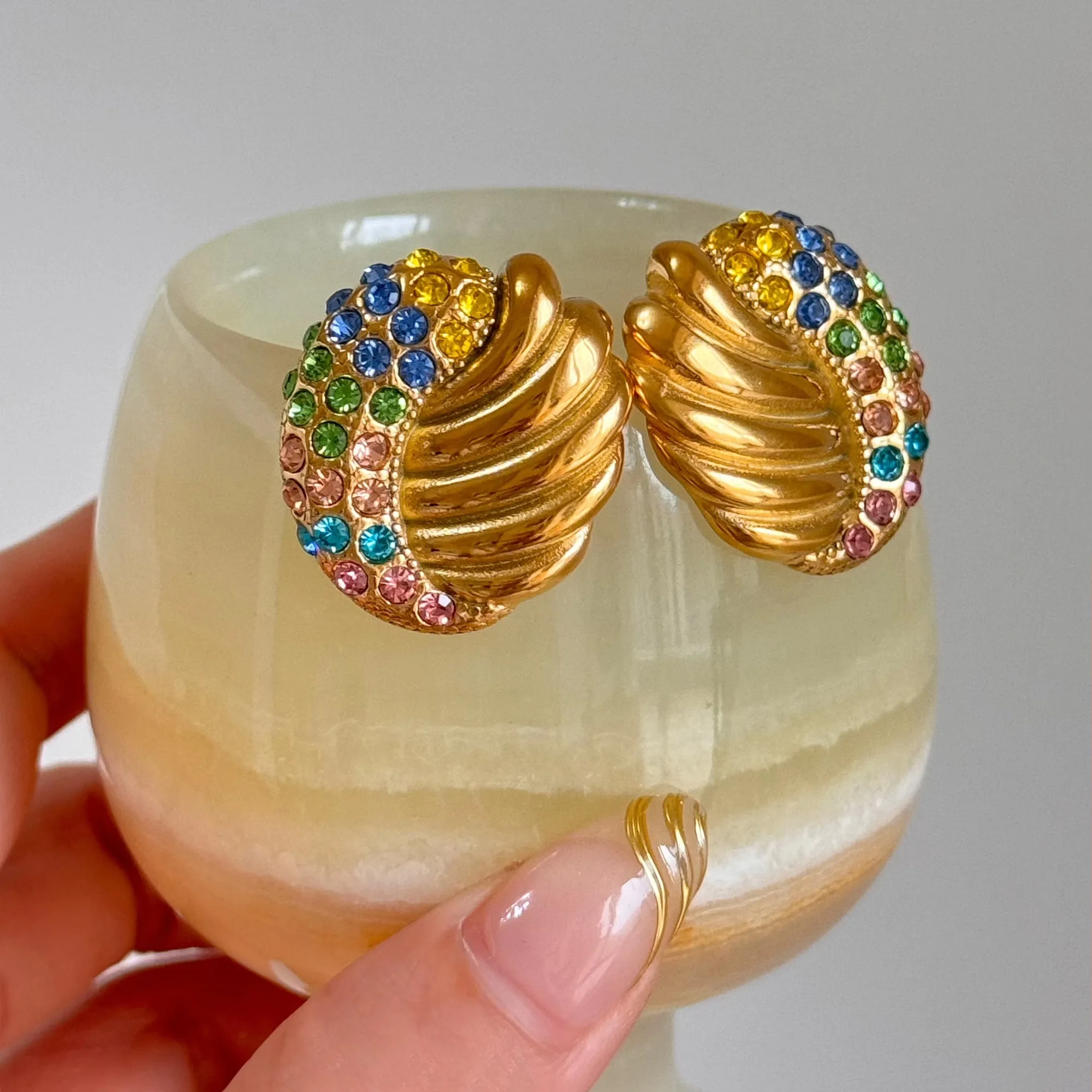 18k Gold Plated Tarnish Free Stainless Steel Iced Out Colorful Zircon Wing Egg Stud Earrings for Women Aretes De Mujer Jewelry image 5