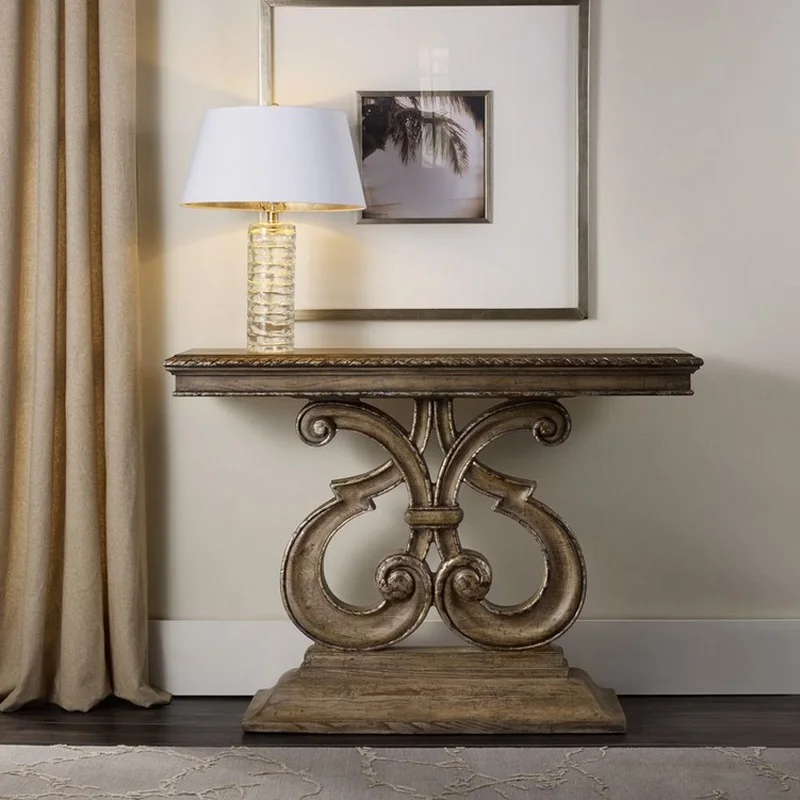 

American French solid wood entrance table, neoclassical European retro solid wood carving flower foyer entrance table/side table