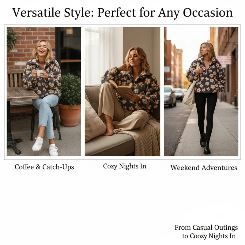 Floral Faux Shearling Pullover: Soft Fleece Half Zip Sweatshirt for Women – Casual Loose Fit with Unique Prints