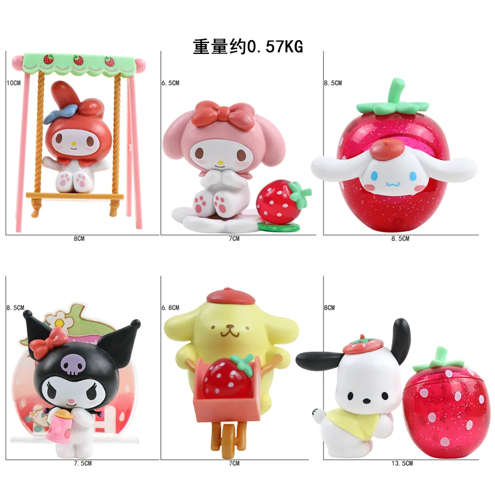 6pcs/set Sanrio Strawberry Farm Series Cute Melody Kuromi Pochacco Cinnamoroll Anime GK Model Surprise Gift for Kid Toys