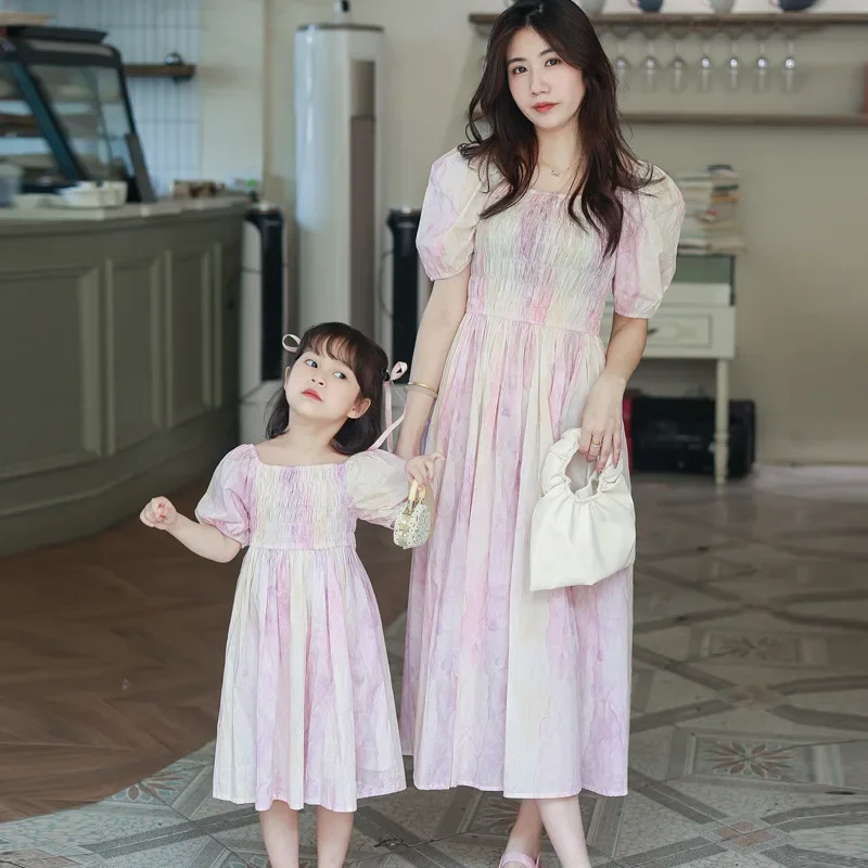 2024 Summer New Mother and Daughter Smock Dresses Mom and Baby Girls Equal Dress for Women Frock Mommy and Me Matching Clothing