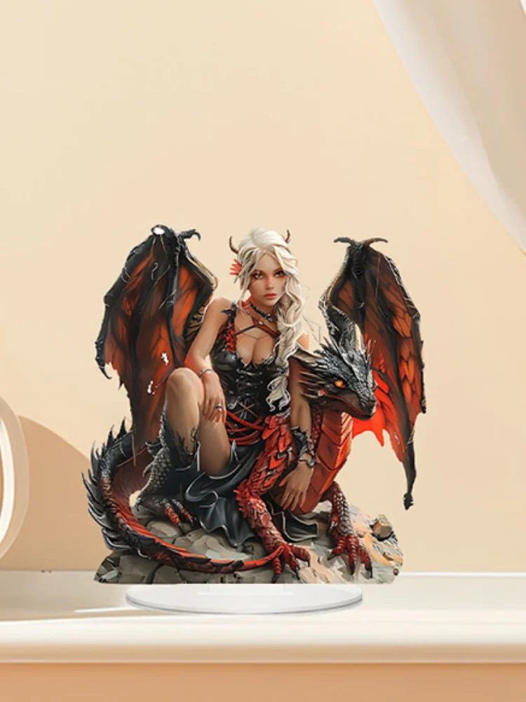 Acrylic Enchantress & Red Dragon Ornament 3d Chic Living Room Game Hall Bedroom Figurine Fashion Tabletop Display Case Statue