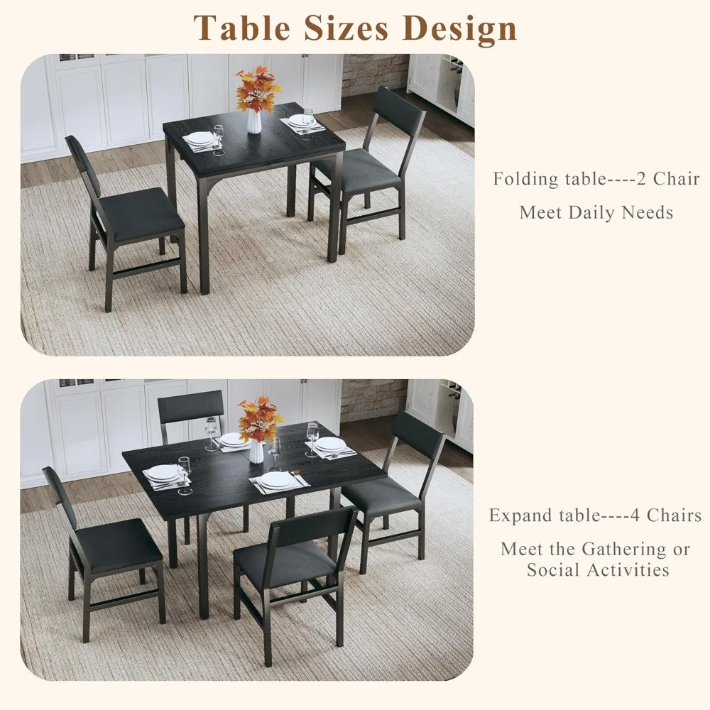 Extendable Kitchen Table Cushion Chairs Set , Rectangle Dining Table with Metal Frame & MDF Board, Folding