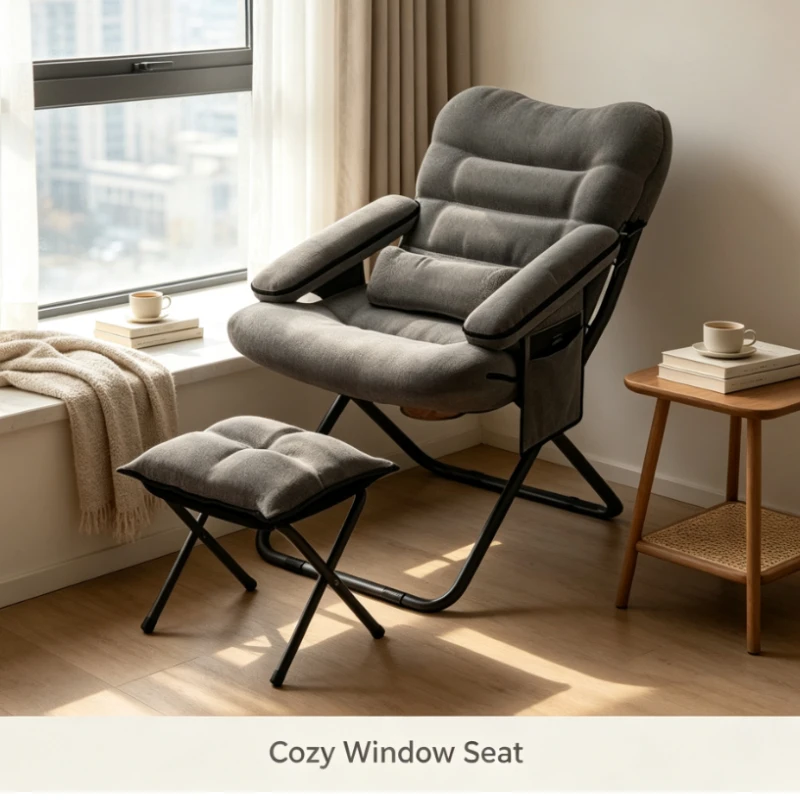 Folding Recliner Chair With Armrests And Footstool For Bedroom Or Home Office Use