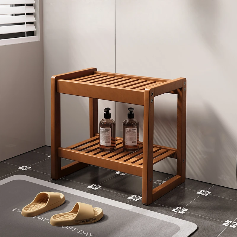 Bamboo Shoe Changing Stool Double Layered Bathroom Slipper Rack Elderly Anti Slip Bath Stool Hollow Out Drain Home Furniture