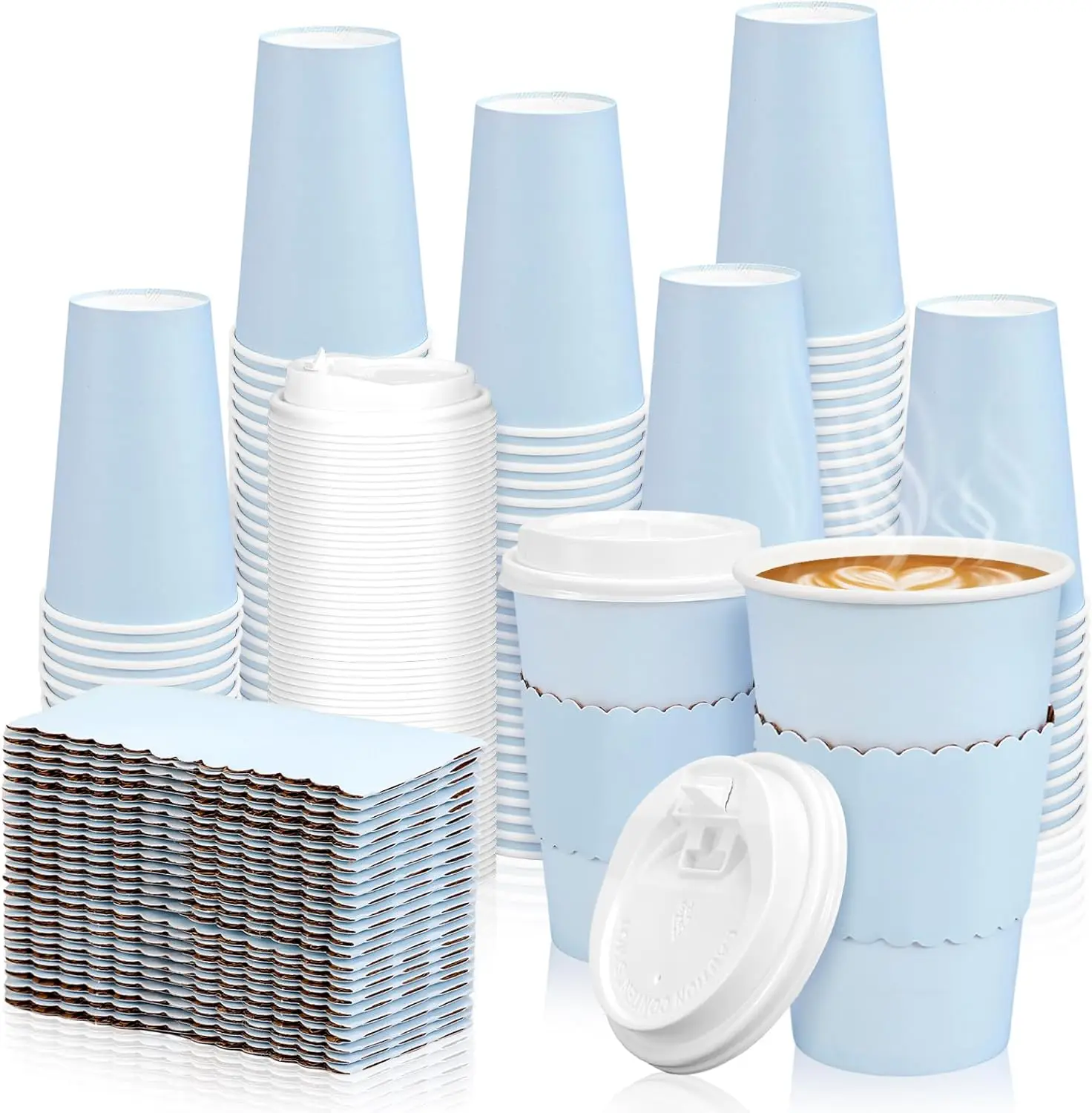

100 Pcs Light Blue Disposable Coffee Cups with Lids and Sleeves 16 Oz Insulated To Go Paper Cups for Winter Home Restaur