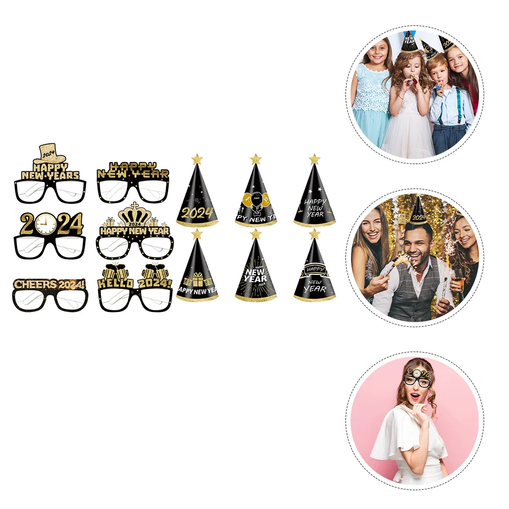 2024 New Year Black Gold Paper 3D Glasses Children's Birthday Party Photo Props Hats for Frame Novel Decor