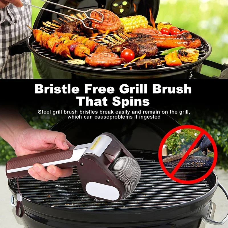 New Rechargeable Electric BBQ Grill Cleaner Brush with LED Lights Stainless Steel Replaceable Brush Heads Home Cleaning BBQ Tool