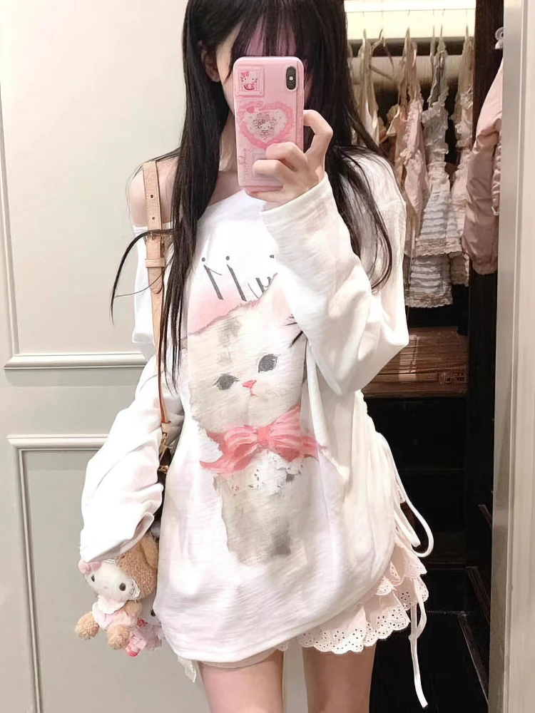 Cute Cat White Oversize Long Sleeve T Shirt Women Casual Off Shoulder Tops Spring Fall Basic Tees Korean Gentle Female
