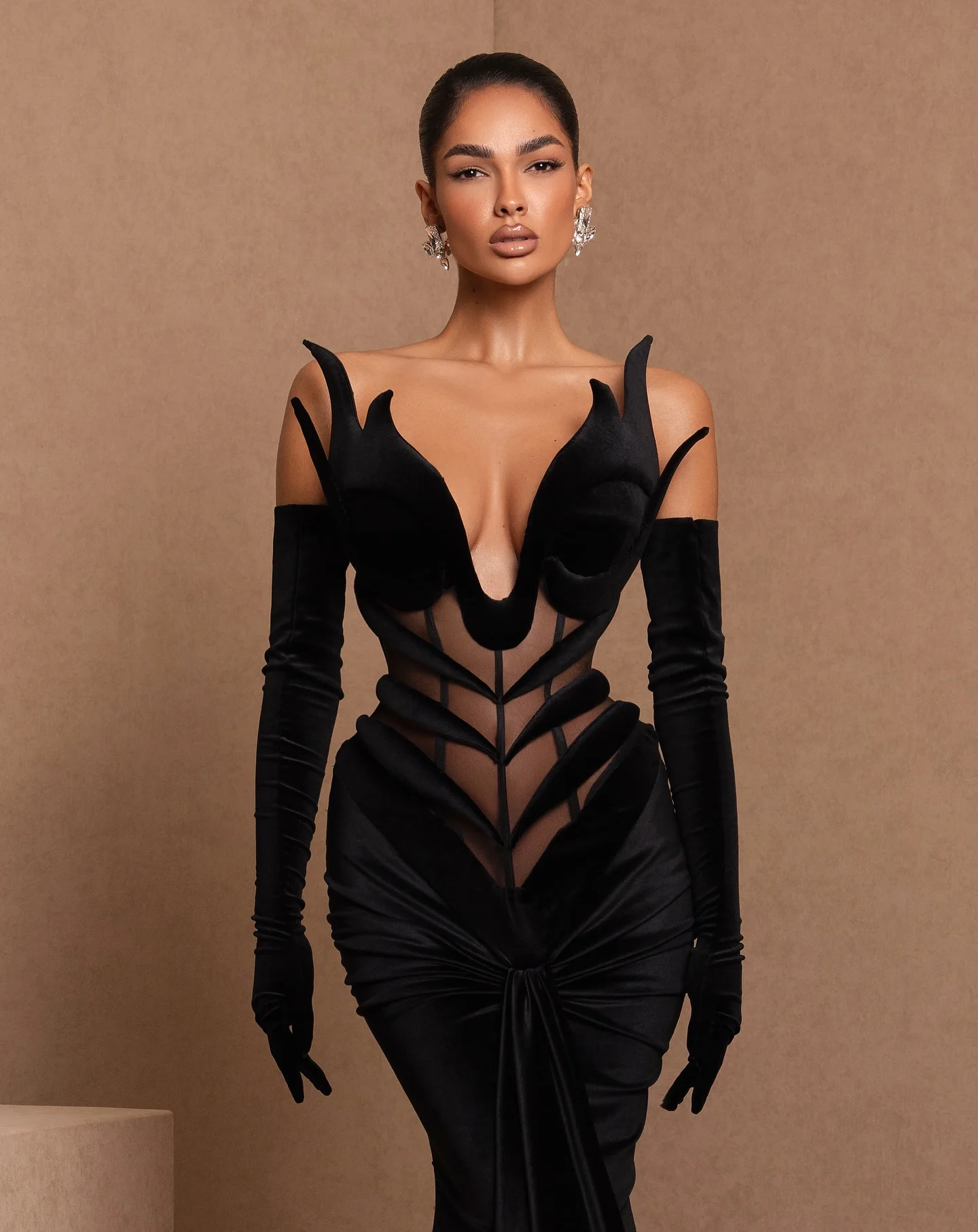 Elegância preto veludo sereia vestidos de noite com luvas decote em v espartilho único formal ocasião vestido novo design longo vestido de baile