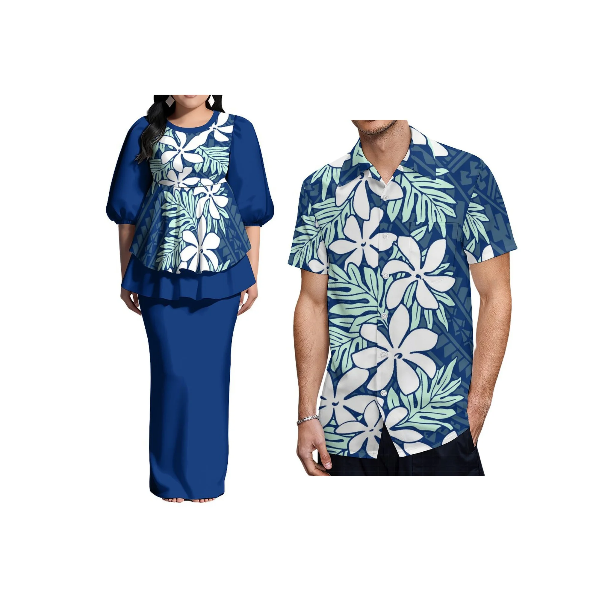 

2025 New Arrival Puletasi Frill Dress Custom Samoa Print Puff Sleeve Long Dress Polynesian Back Slit Ladies Dress Two Piece Set