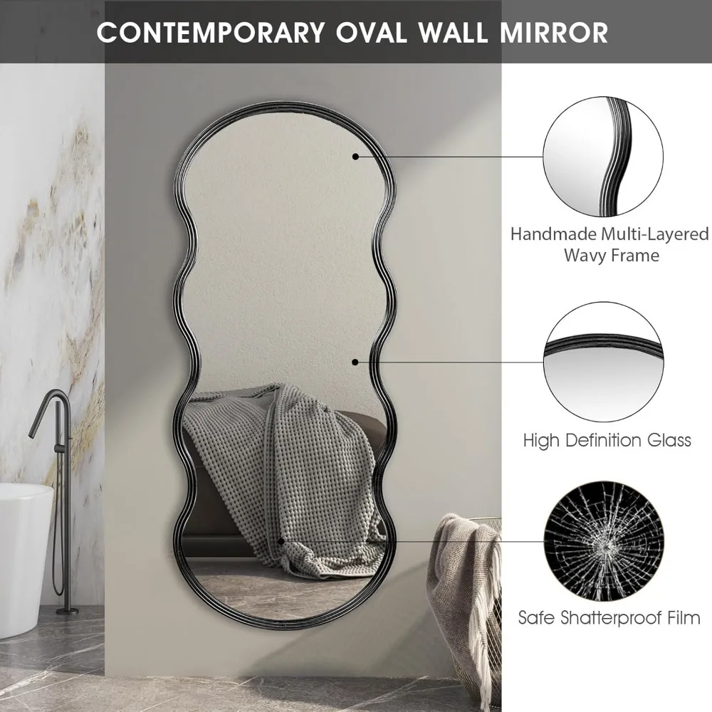 Black Full Length Mirror, Irregular Oval Wavy Mirror, Large Chic Dressing Floor Hanging Mirror for Bedroom, Living Room