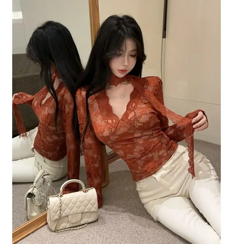 Frauen Frühling Sexy Spitze V-ausschnitt Shirt Top Chic Slim Fit Y2K Reine Verführerische Stil Shirt Top