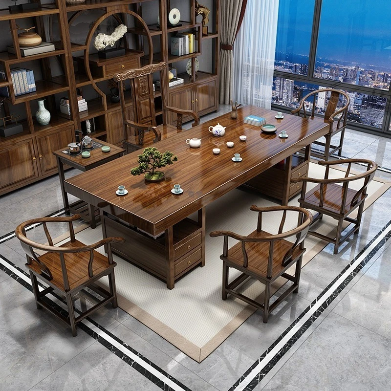 

Large board solid wood log tea table and chair combination, one table and five chairs, new Chinese style