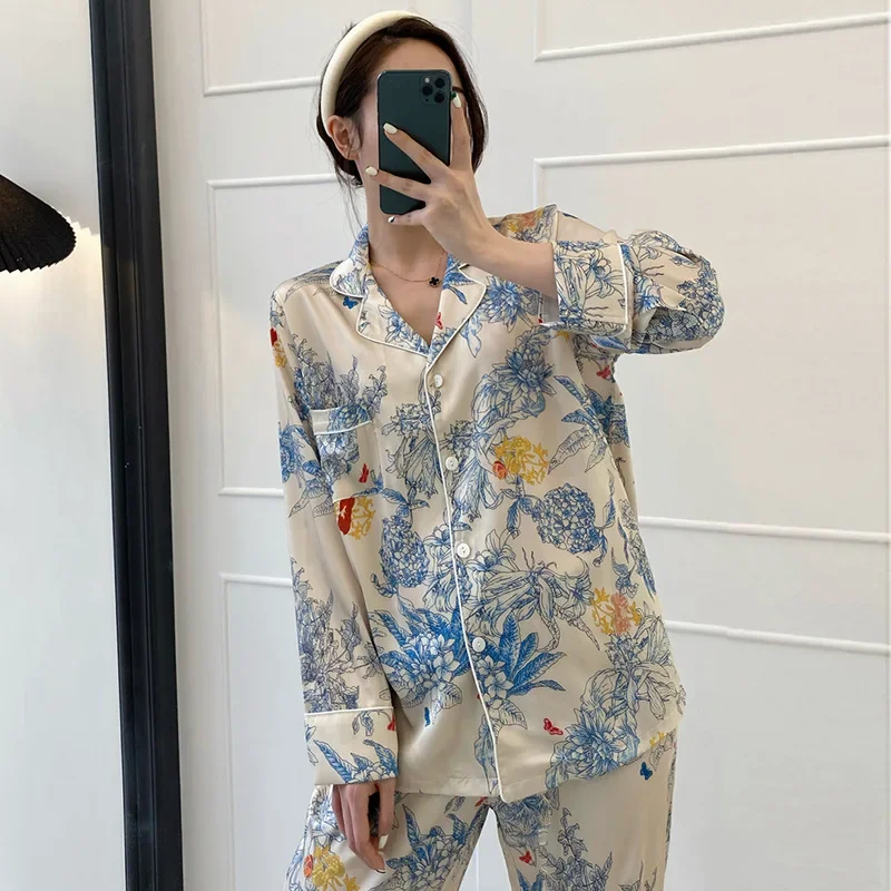 Light Luxury Spring and Autumn New Silk Smooth Pajamas for Women Monet Flower High Grade Long Sleeve Cardigan Satin Silk Pajamas