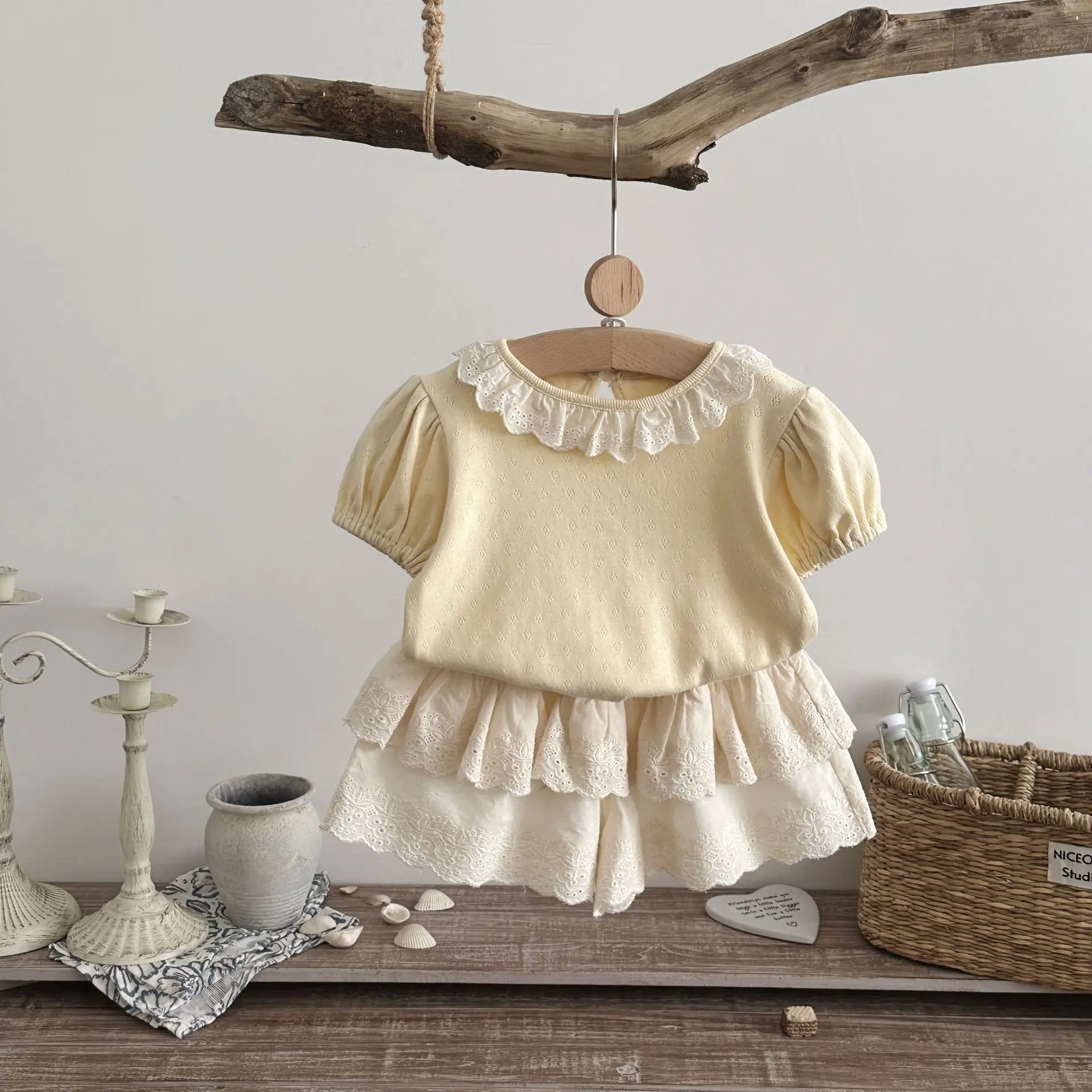 Summer  Baby Girls Lace  Hollow Short Sleeve Tee Top Cute Embroidered Skirt Shorts Suit Fashion Casual Wear for Toddler Girls