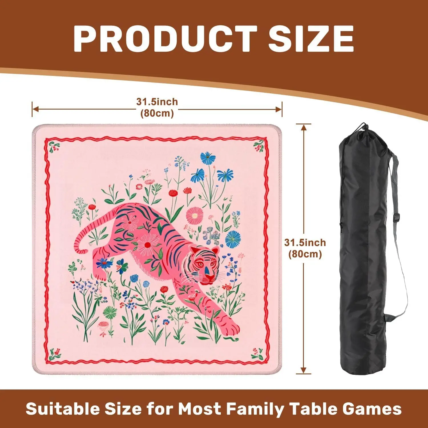Vibrant Floral Pink Tiger Game Mat with Carrying Bag 31.5 X 31.5 Inch Non Slip Noise Reducing for Poker Dominoes Board Games
