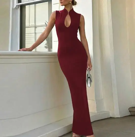 

Summer New Fashionable Sexy New Chinese Style Solid Color Half High Collar Hollow Collar Waist Tight Wrapped Butt Women's Dress