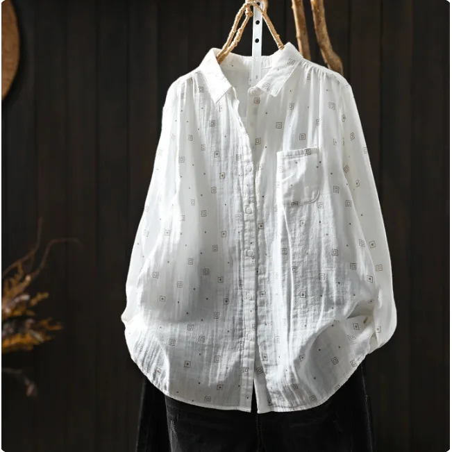 Women Autumn New Japan Style Cartoon Printed Cotton Yarn Shirts Vintage Turn Down Collar Long Sleeve Casual Loose Blouse Tops 3