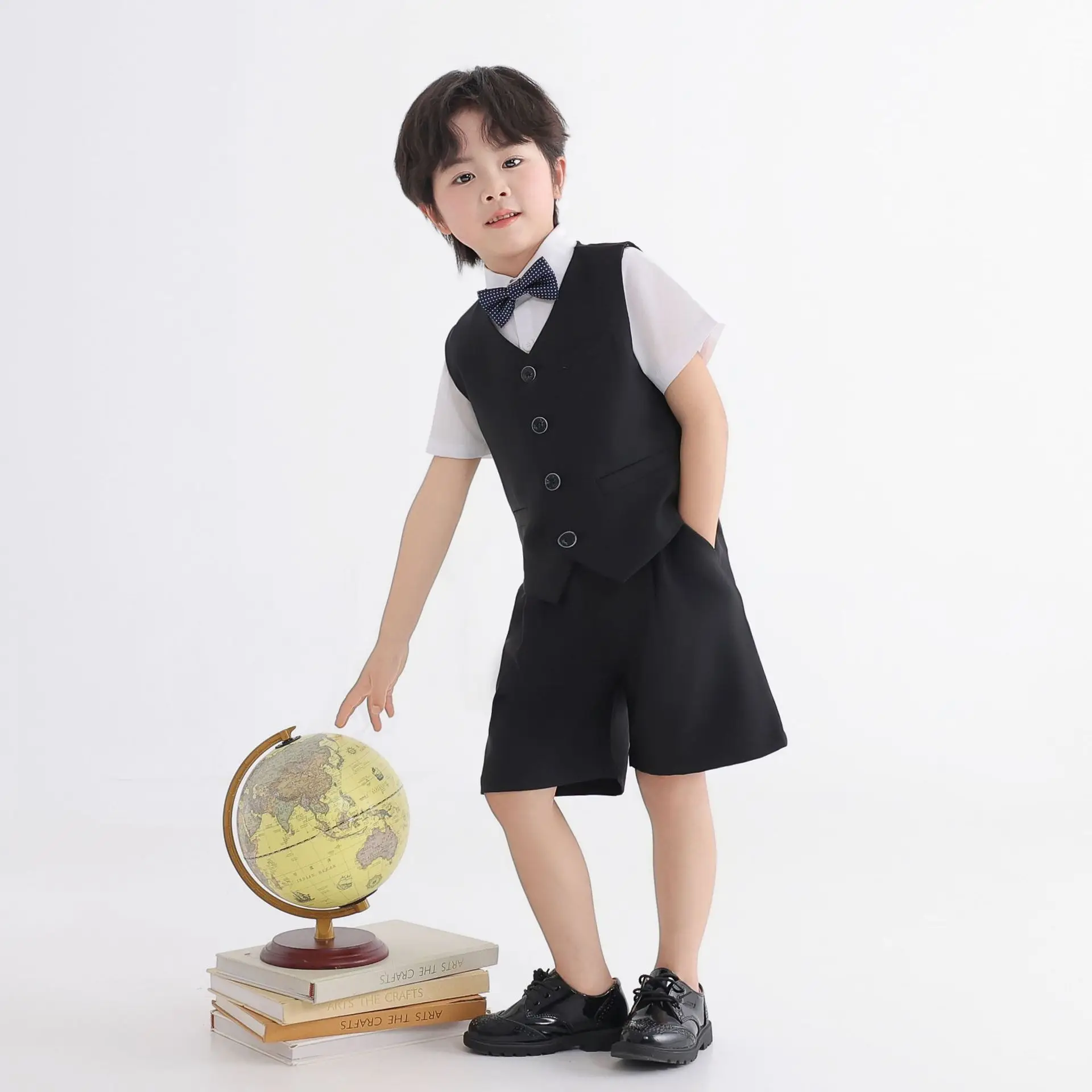 Boys Formal Preppy Suit Set Black Vest Pants Shirt Tie Kids Stage Performance Host Costume School Graduation Ceremony Outfit