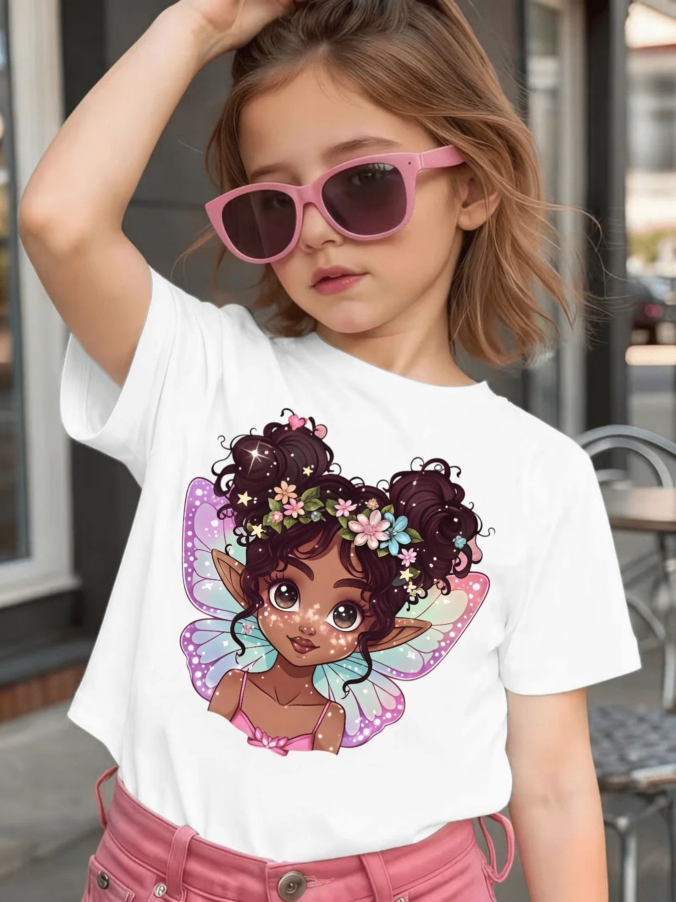Girls Boys Family Tee Cute Floral Wing Elf Print Soft Short Sleeve Parent Child Matching Daily Casual Sweet Kids Fashion Tops
