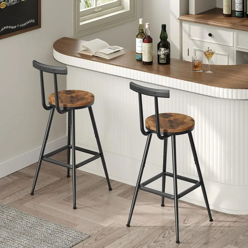 Pair of 26 Rustic Brown Metal Counter Height Bar Stools with Backrest, Footrest, Adjustable Feet for Kitchen, Living Room, and P