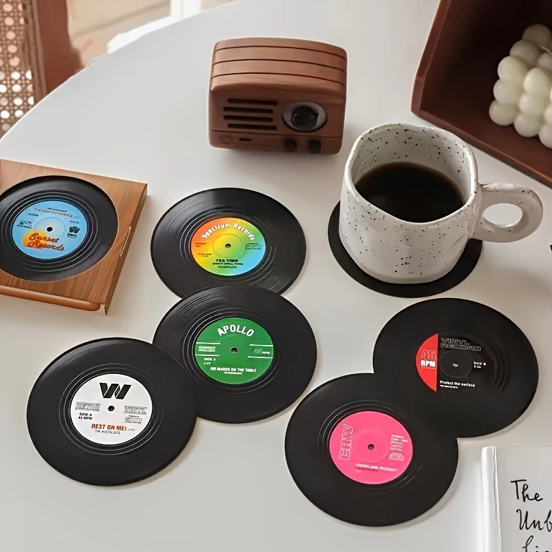 6/12 2D Music Vinyl Record Wood Ironing Non-slip Coaster Flat Single Side Color Print Home Office Cafe Bar Restaurant Gift