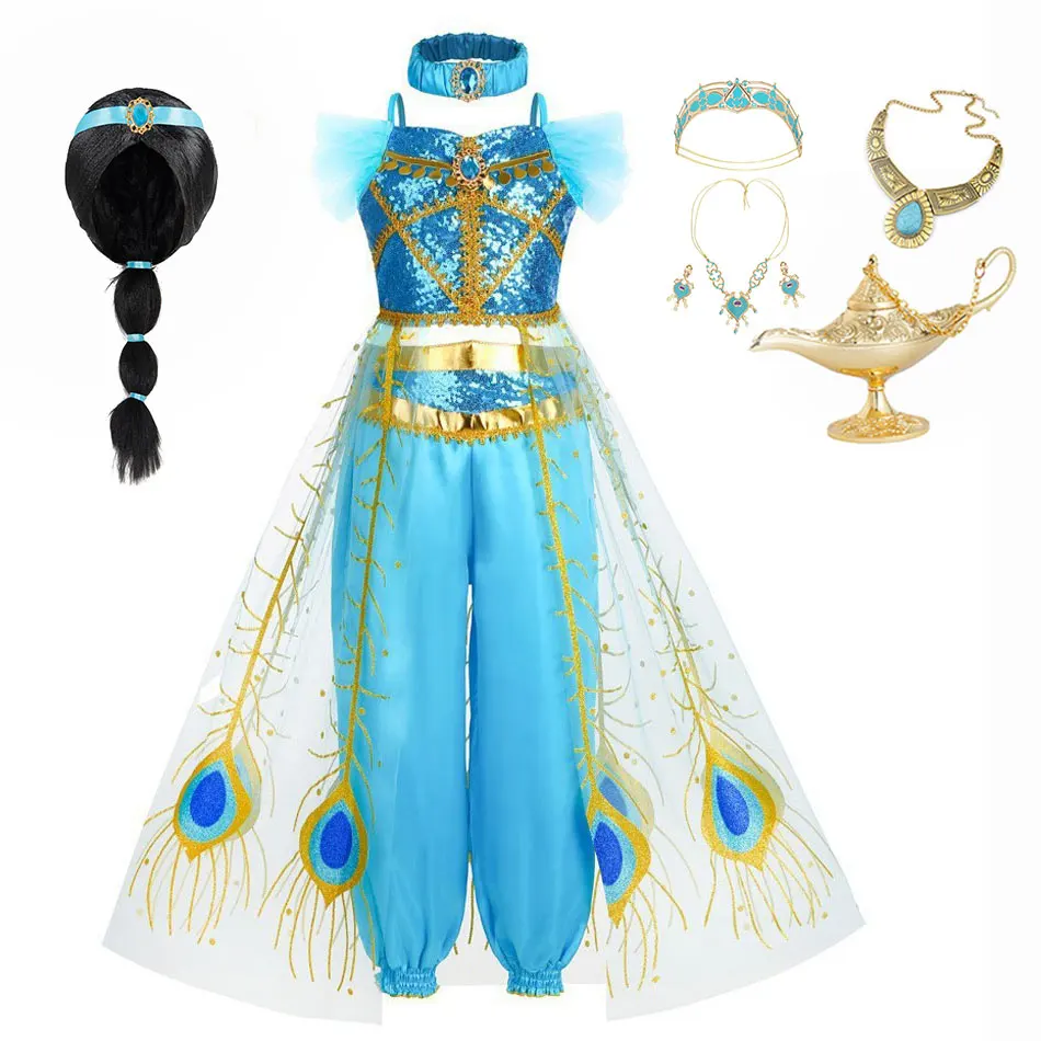 

Christmas Halloween Costume for Kids New Princess Jasmine Sequin Dress Aladdin Magic Lamp Performance Outfits Two-piece Suit