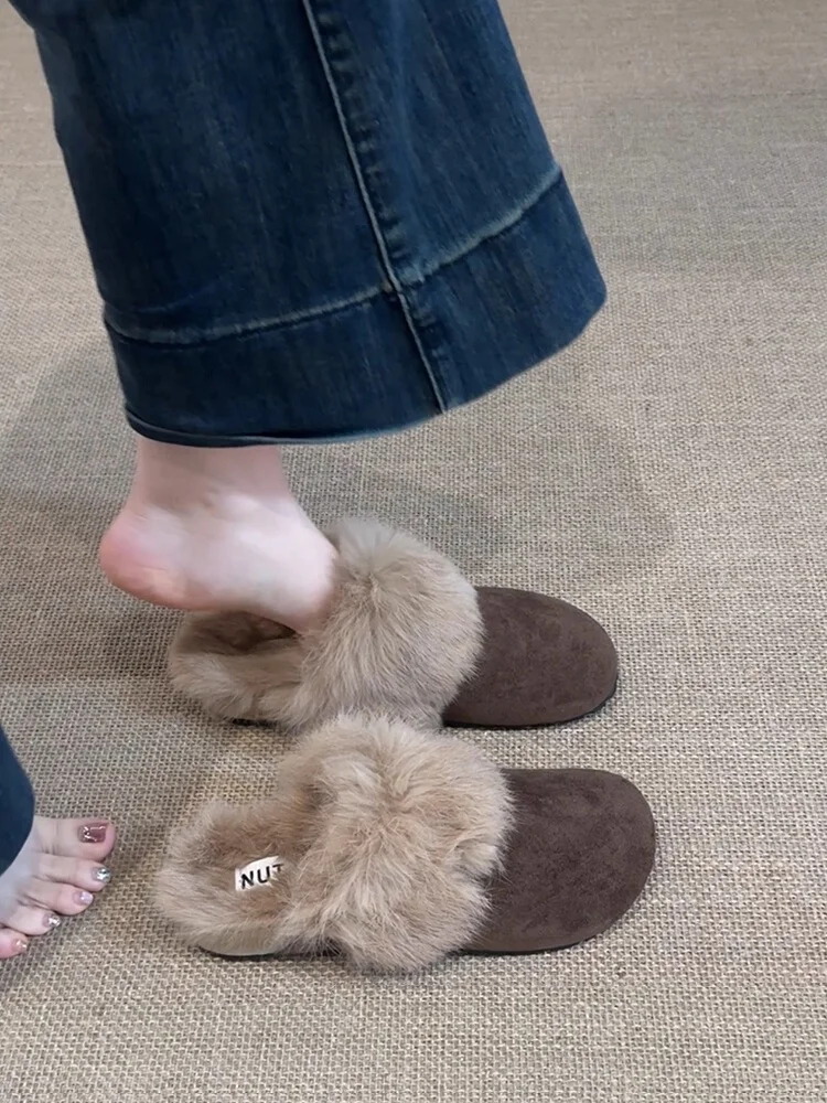 

Furry Slip-On Slippers Women's Flat Bot Fce Lined Sle f Slippers Warm Cotton Slippers for Indoor And O...