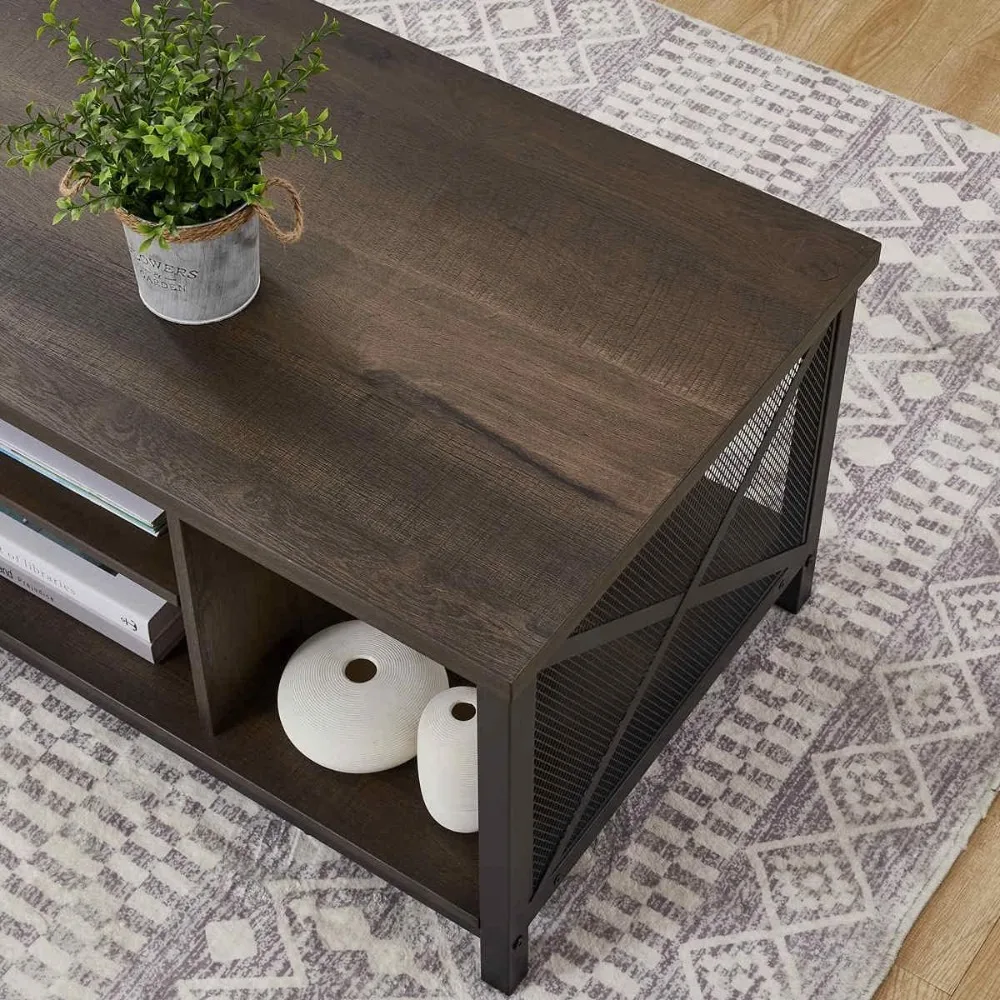Rustic Farmhouse Coffee Table, Dark Wood Rectangular Center Table for Living Room, Industrial Style Walnut Cocktail Table