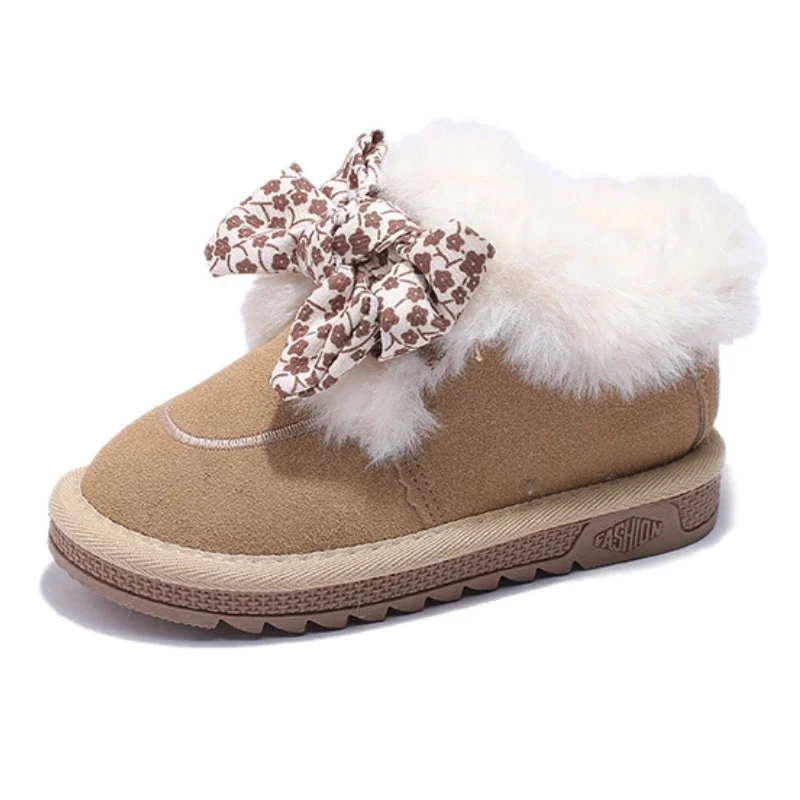 Children's Snow Boots Thick Fleece Plush Girls' Cotton Shoes Fashion Bow Winter Warm Anti Slip Kid‘s Short Boots