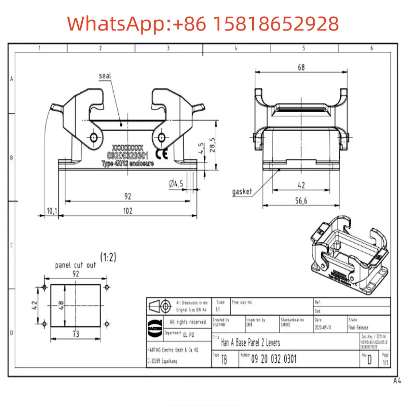 1 piece 09200320301 Harting HAN 32A heavy-duty connector, double-lock, non-sealed base housing base
