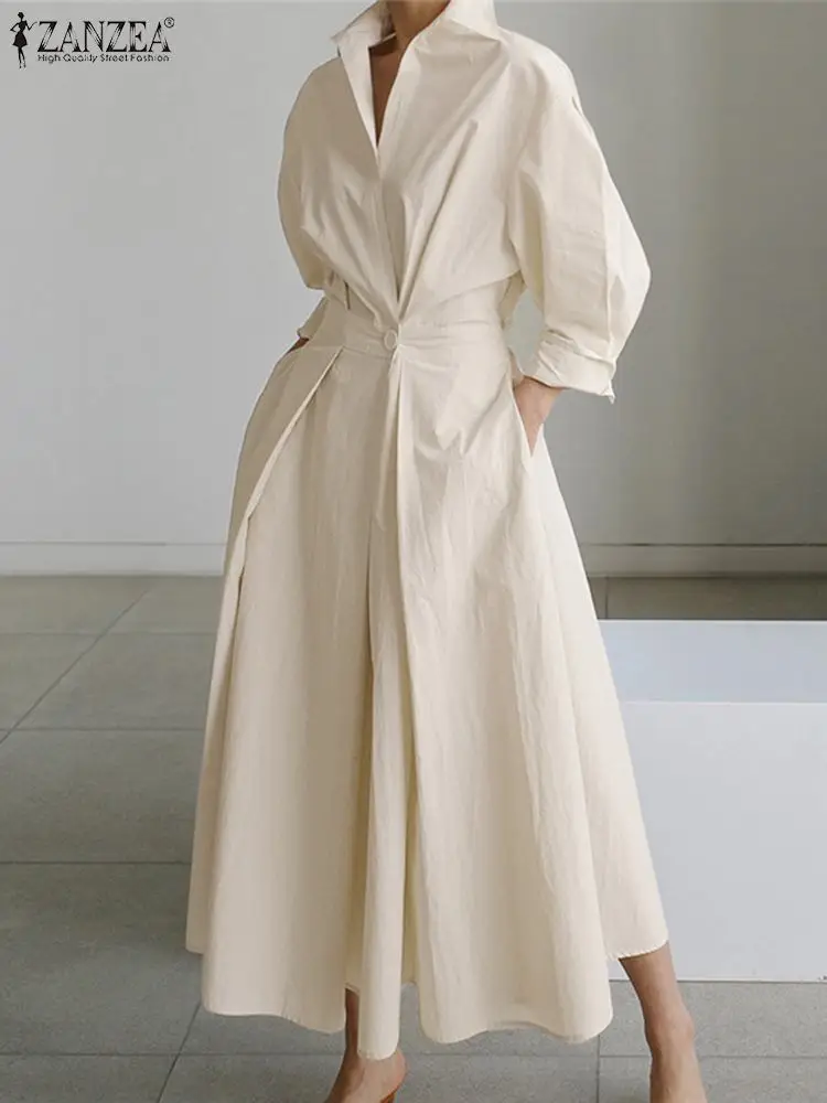 ZANZEA Robe Longue à Manches Longues et Col à Revers pour Femme, Tenue Élégante et Surdimensionnée, Couleur Unie, Collection Printemps