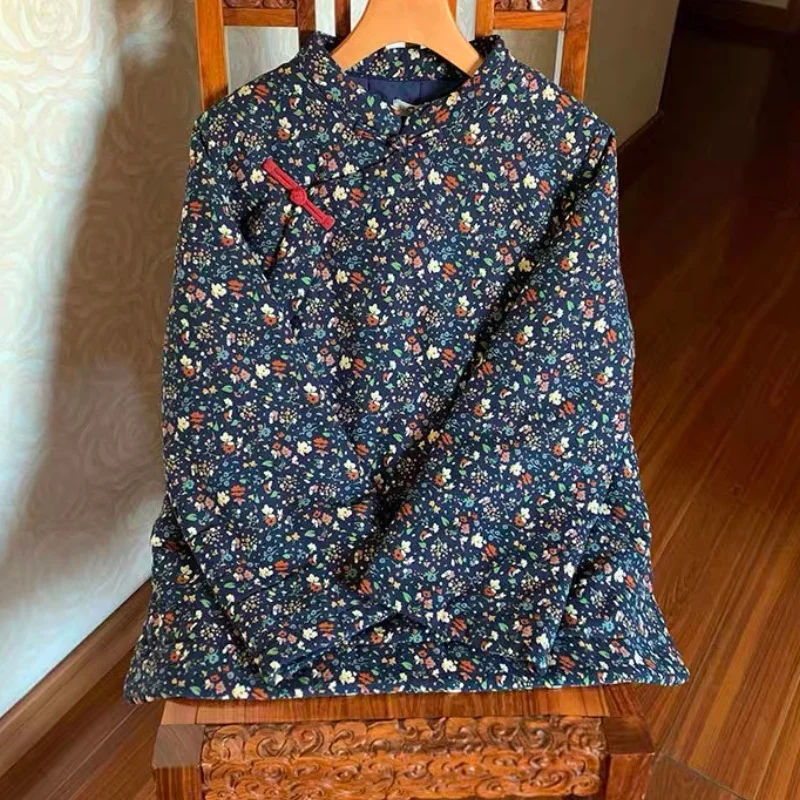 

Chinese Style Floral Print Line Jacket Women Autumn Winter New Frog Button Stand Collor Cotton Thick Loose Female Coat
