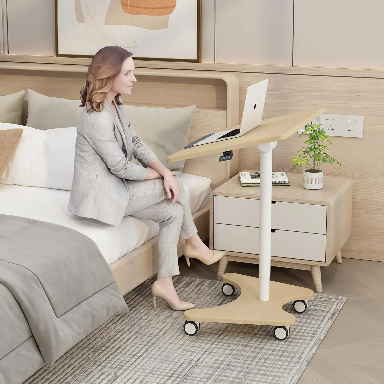 Pneumatic Adjustable Overbed Table with Gas Spring Riser  Medical Adjustable Bed Side Table with Wheels  Portable