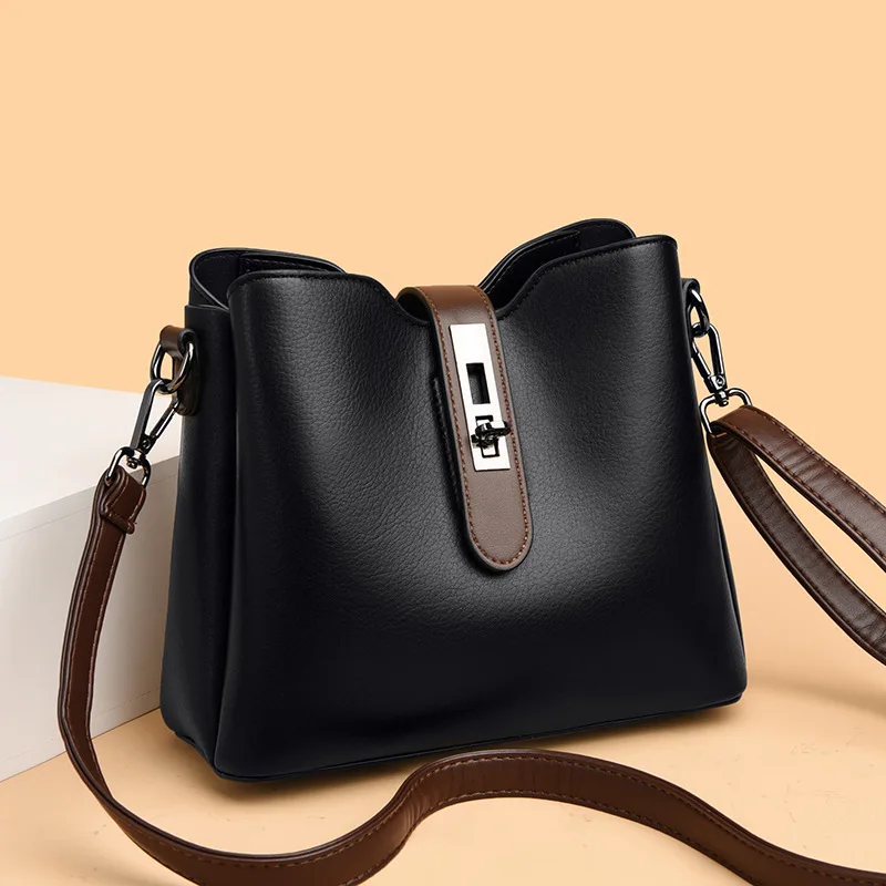 Wear-resistant PU leather women's single-shoulder bag, large-capacity multi-pocket lockable commuter crossbody bucket bag
