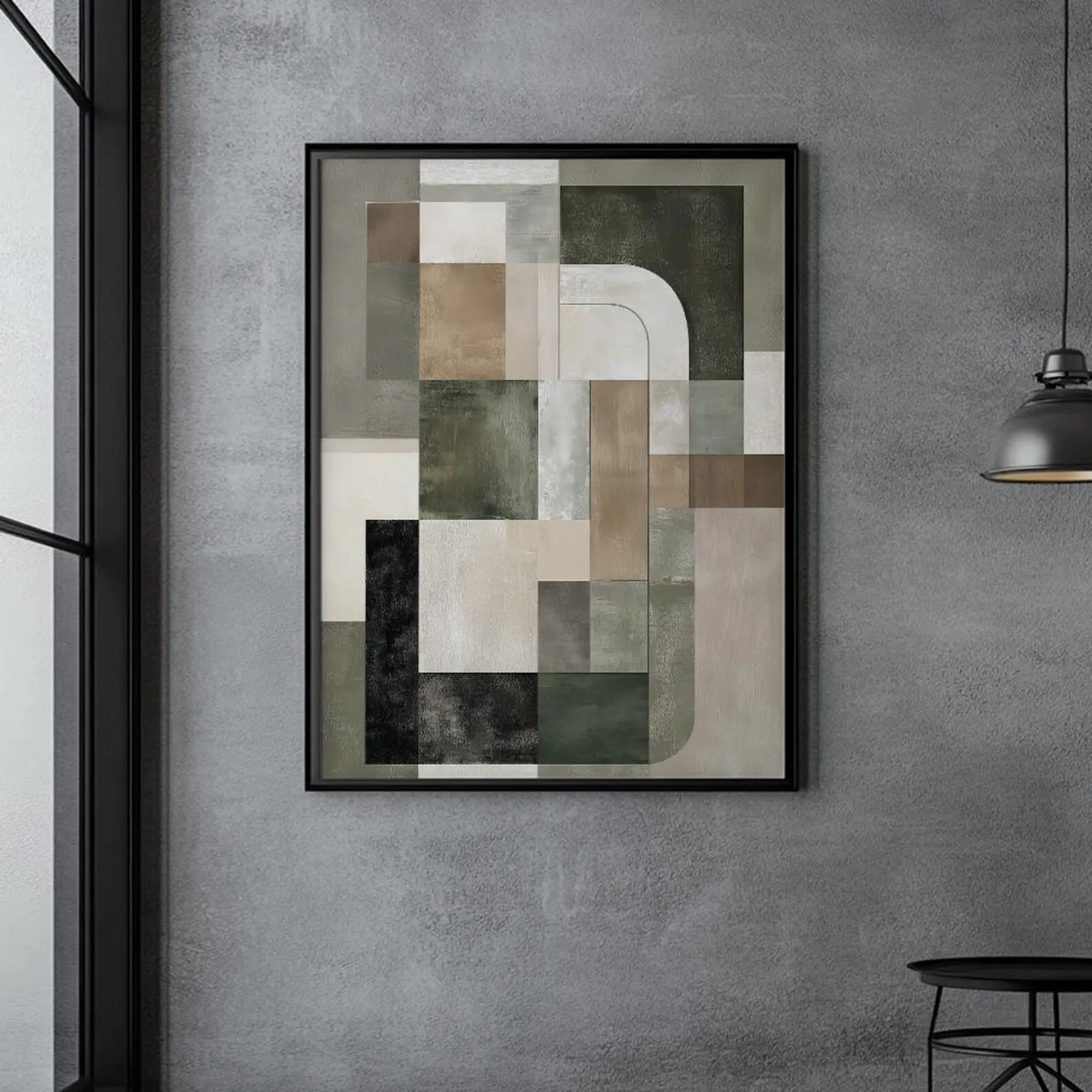 Mhemyo Green and Beige Japandi Abstract Hand-painted Oil Painting Digital Modern Geometric Wabi Sabi Art Decor for Living Room