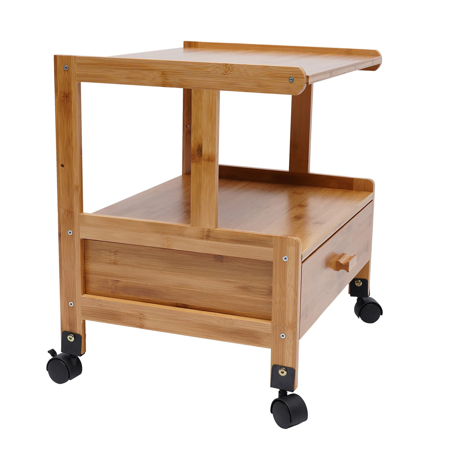 Mobile Printer Stand Holder with Storage Shelf , Rolling Cart with Wheels, Bamboo Rack for Home and Office Wood Color Book Shelf