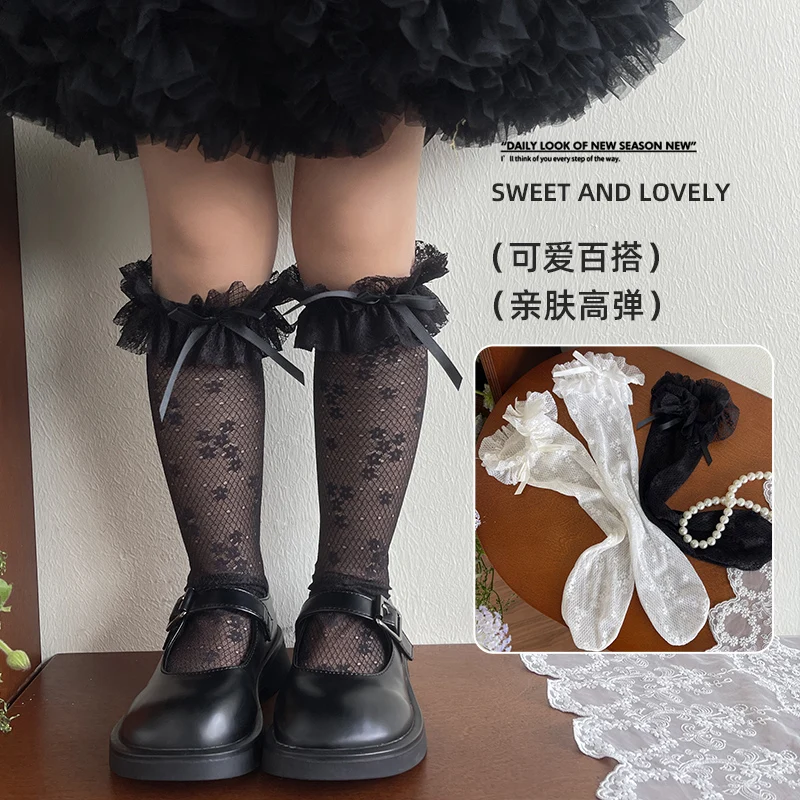 Girls Thin Breathable Mesh Mid-Calf Socks For Summer Pretty Four-Petal Flower Bow Decor Lace Border High Elastic Soft Stockings